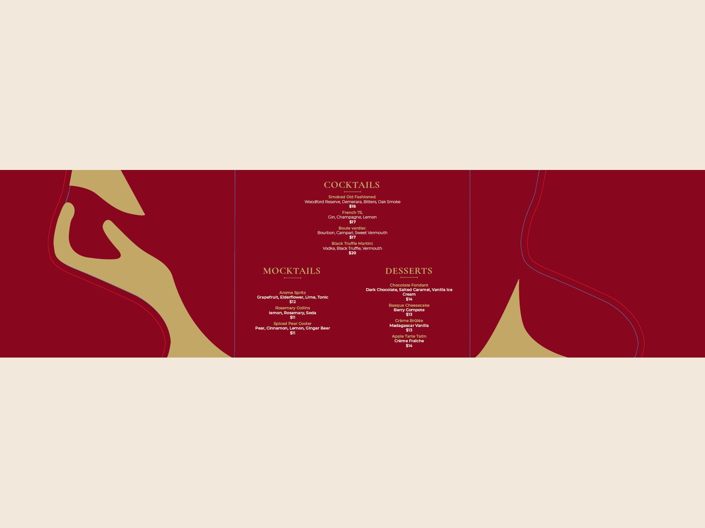 Arôme menu, flat view: cocktails, mocktails, and desserts