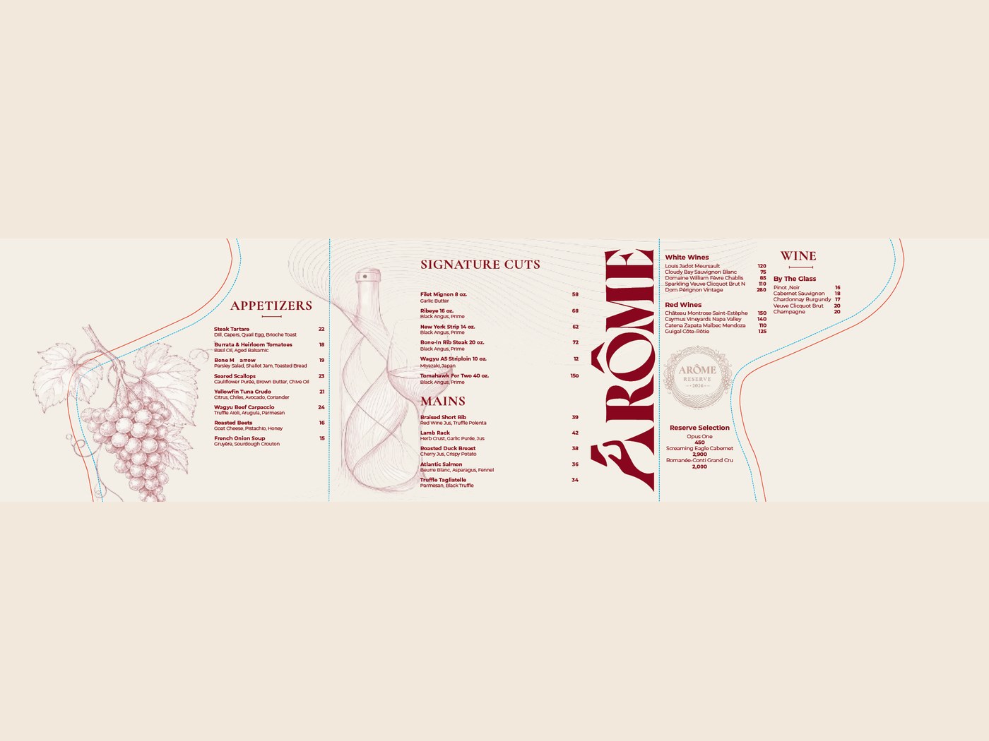 Arôme menu, flat view: appetizers, signature cuts, and wine list