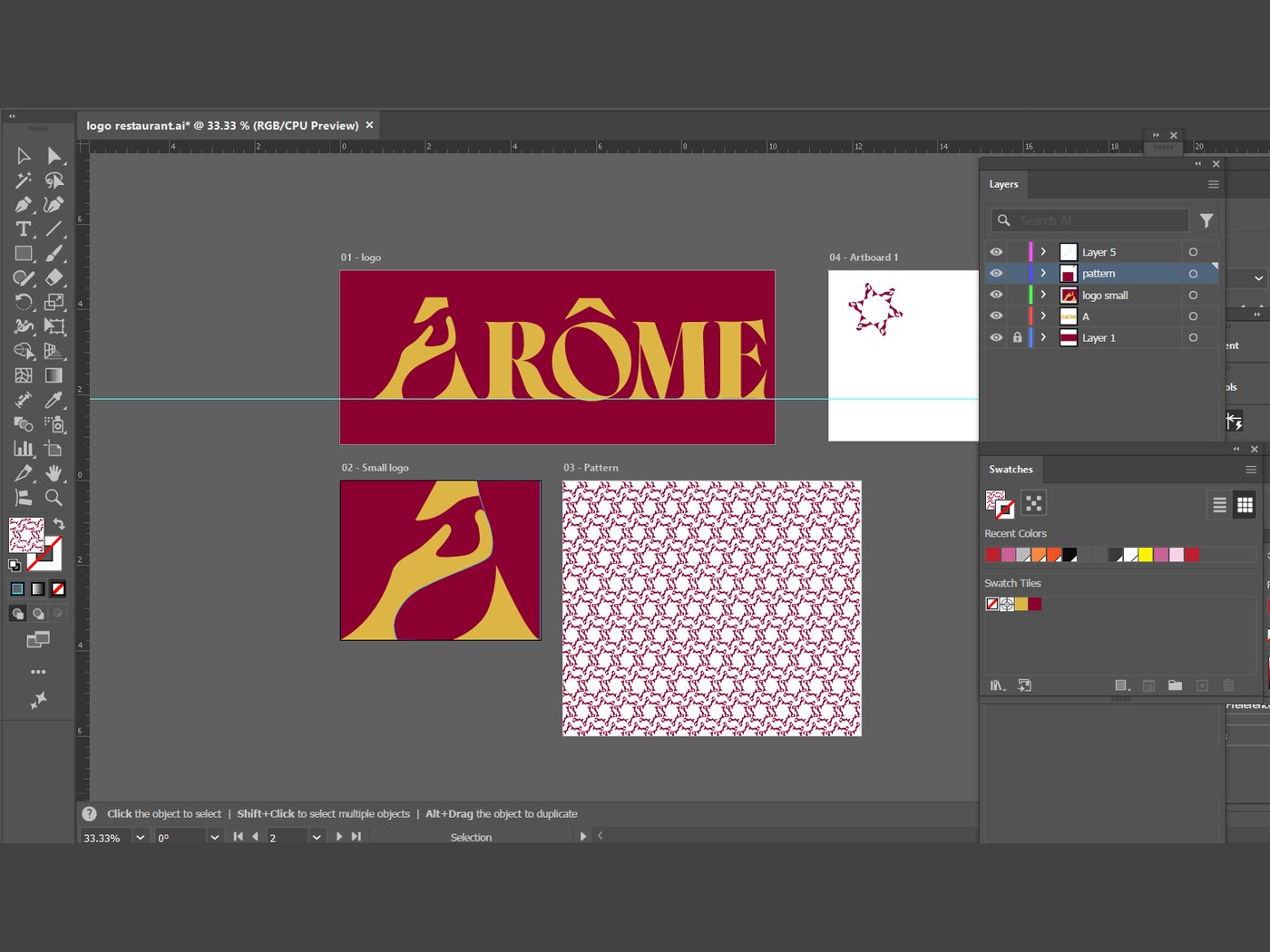 Adobe Illustrator working file showing the Arôme logo development: the full wordmark, the extracted A monogram, and the star pattern built from it