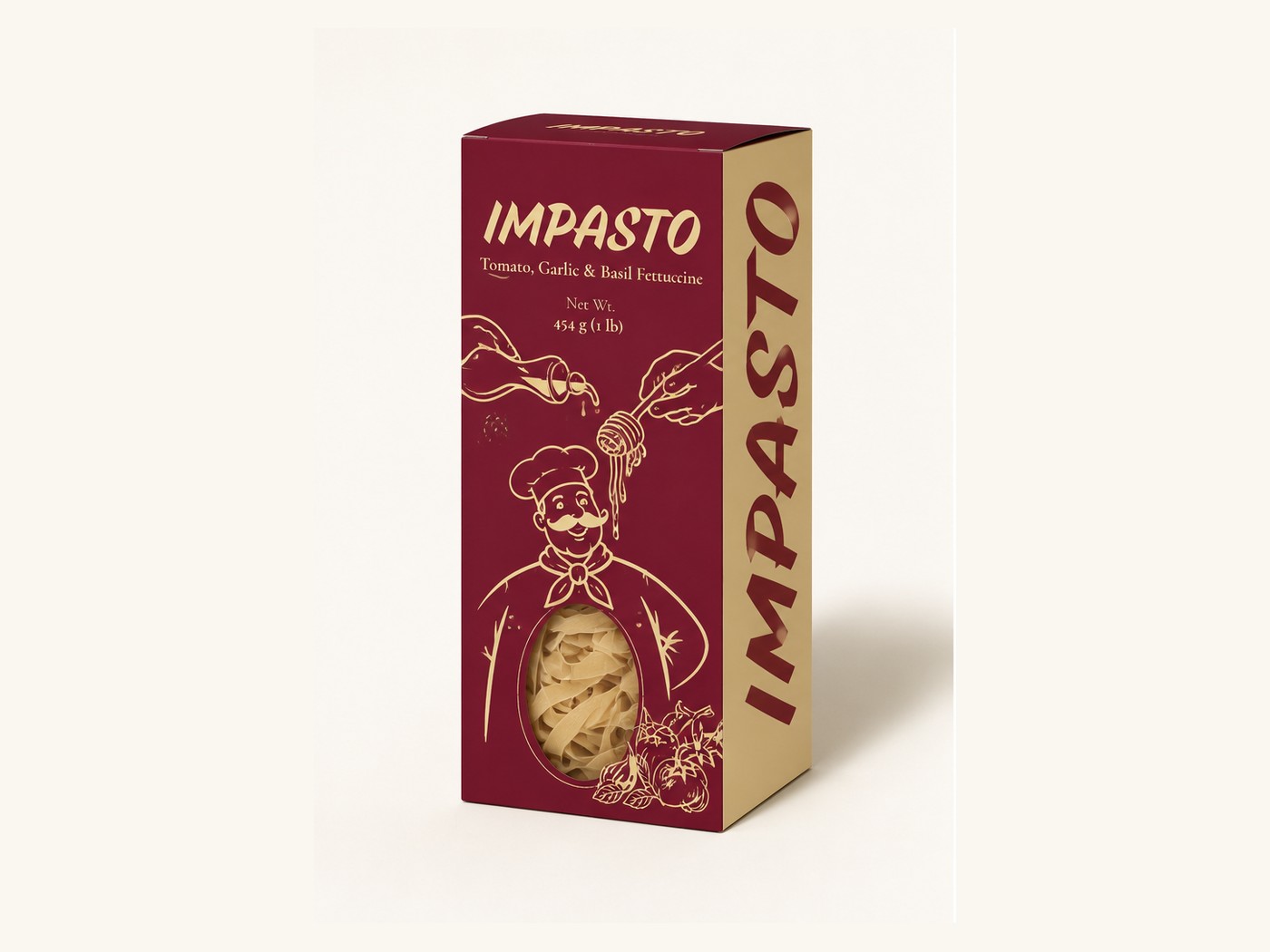 Impasto pasta box, clean studio product shot