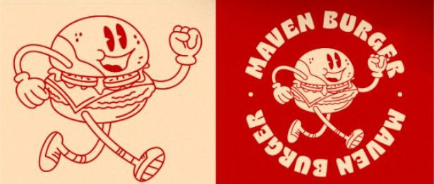 Maven Burger mascot logo, standalone line-art version and the circular badge lockup on red