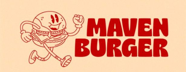Maven Burger mascot paired with the bold rounded wordmark