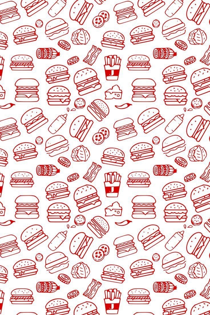 Repeating packaging pattern built from burgers, fries, bacon, and pickle icons
