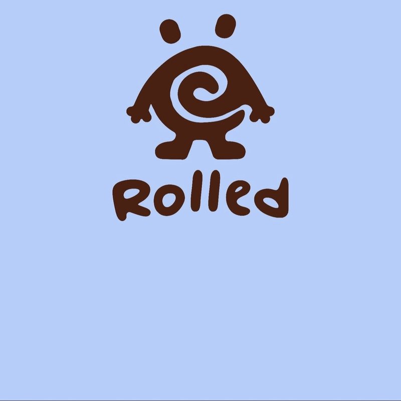 Rölled full logo lockup, the swirl-bellied mascot over the wordmark, on light blue