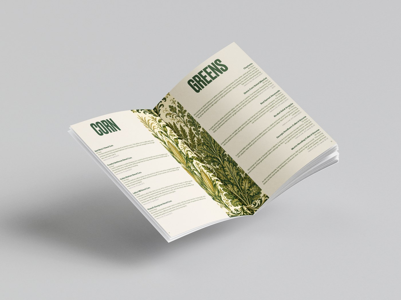 Rootstock catalogue interior spread: corn and greens varieties